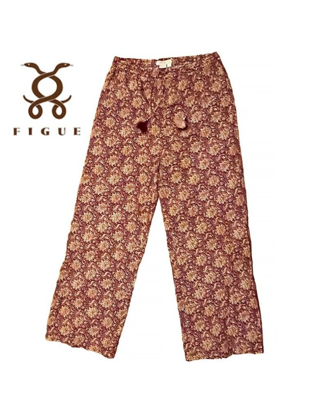 OOAK! NWOT Figue Devon Wide Leg Pants in Ikat Burgundy Floral Cotton, size S